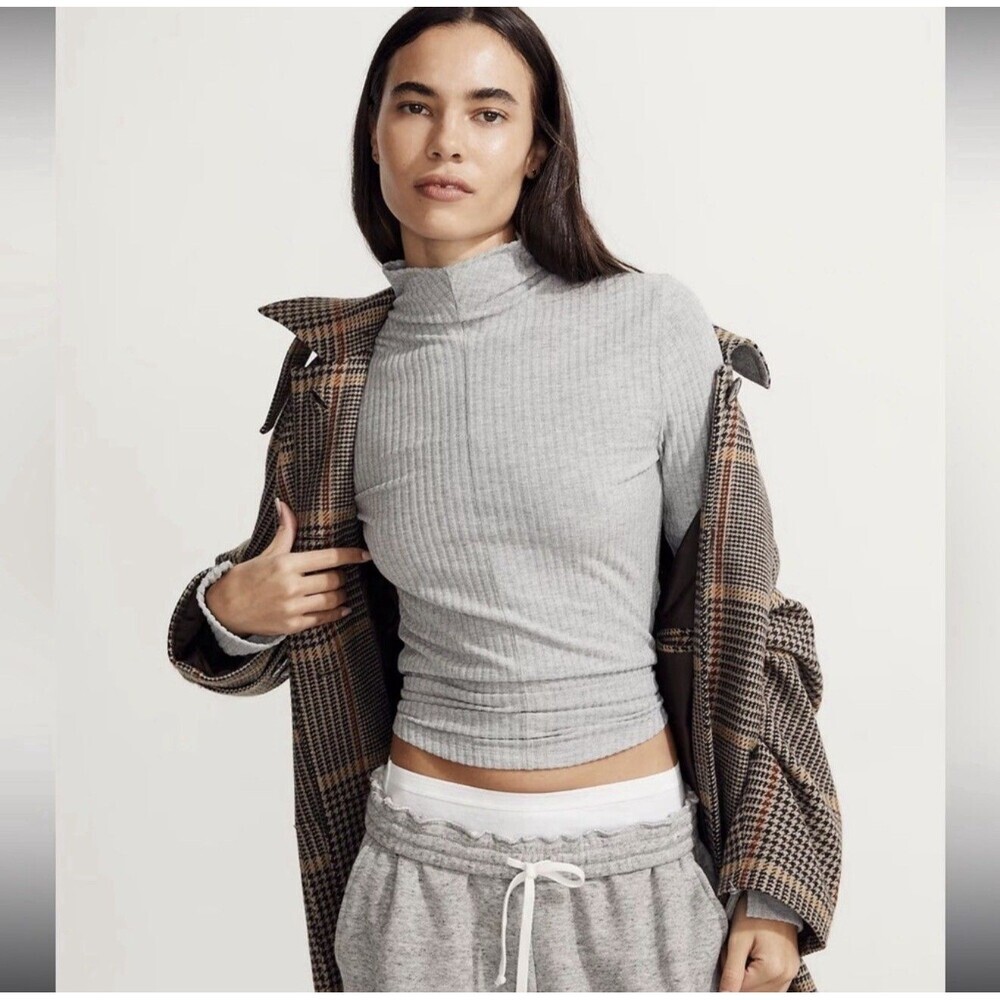 Madewell Soft Gray Neutral Brushed Ribbed Turtleneck Long-Sleeve Tee Size XL